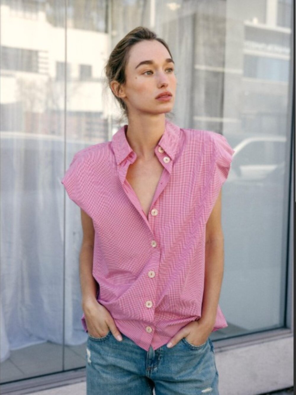 Like New Zara 100% Cotton Puff Sleeve Button-Front Shirt Pink Check Size S